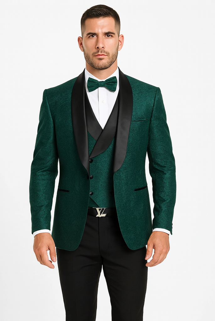 Premium Hunter Green Wedding Tuxedo for Men β Vested Floral Lace Style