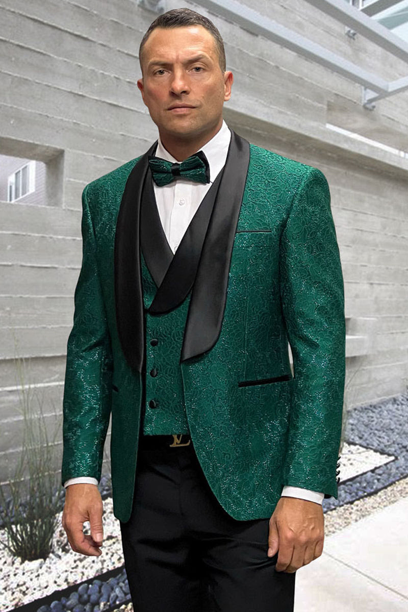 Premium Hunter Green Wedding Tuxedo for Men β Vested Floral Lace Style