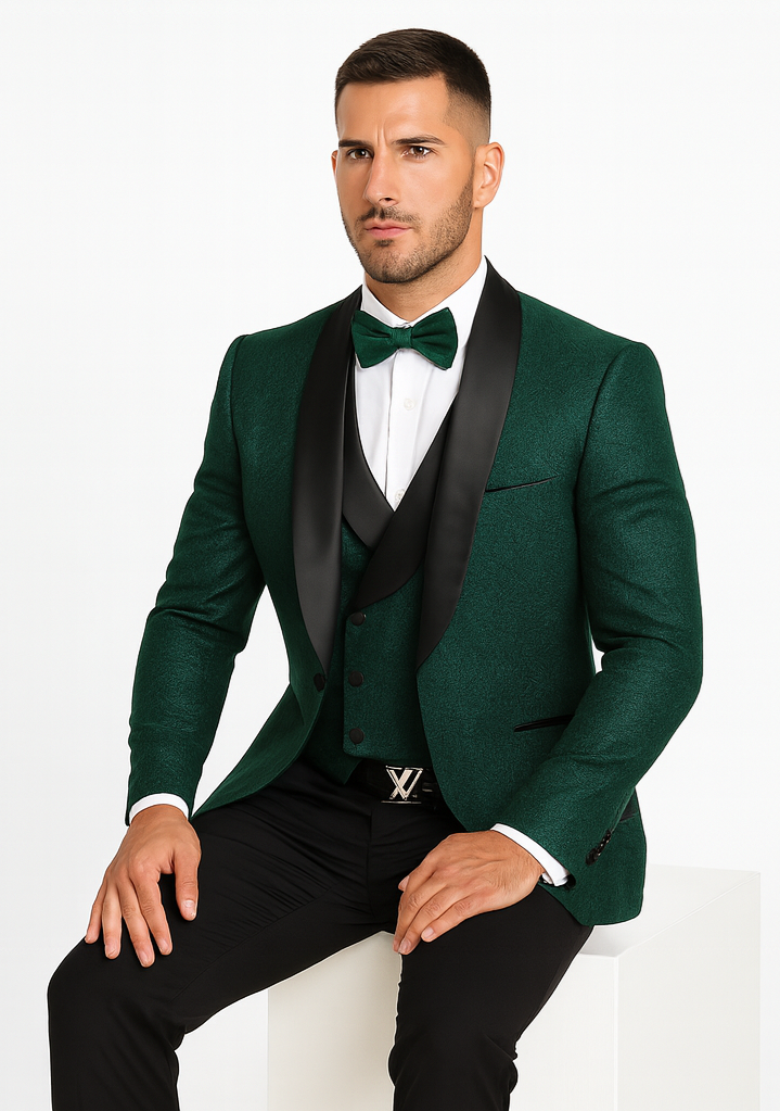 Premium Hunter Green Wedding Tuxedo for Men β Vested Floral Lace Style