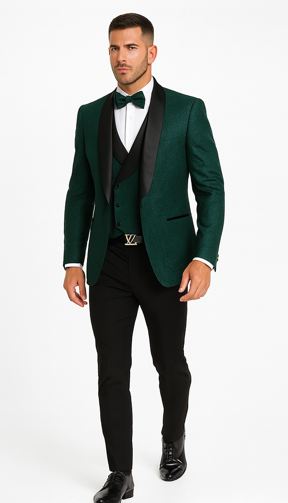Premium Hunter Green Wedding Tuxedo for Men β Vested Floral Lace Style