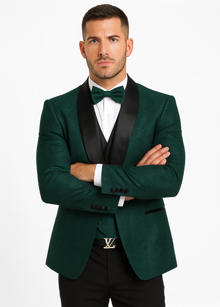 Premium Hunter Green Wedding Tuxedo for Men β Vested Floral Lace Style