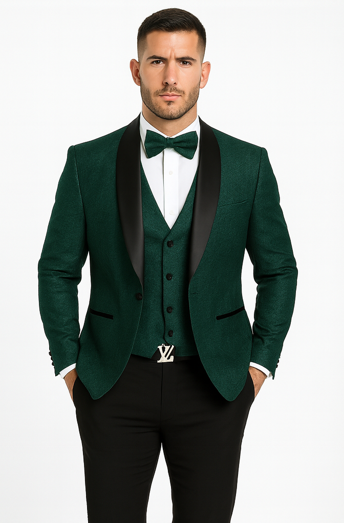 Premium Hunter Green Wedding Tuxedo for Men β Vested Floral Lace Style