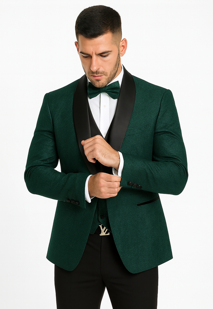 Premium Hunter Green Wedding Tuxedo for Men β Vested Floral Lace Style