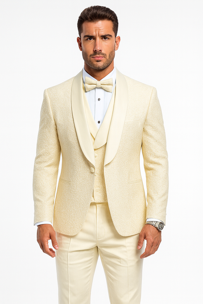 Ivory Floral Lace Groom Tuxedo Set – Men’s Designer Vested Wedding Suit