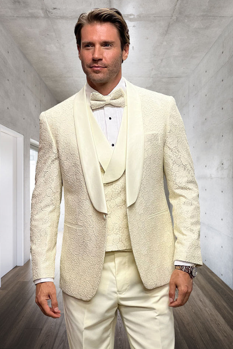 Ivory Floral Lace Groom Tuxedo Set – Men’s Designer Vested Wedding Suit
