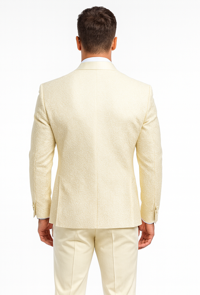 Ivory Floral Lace Groom Tuxedo Set – Men’s Designer Vested Wedding Suit