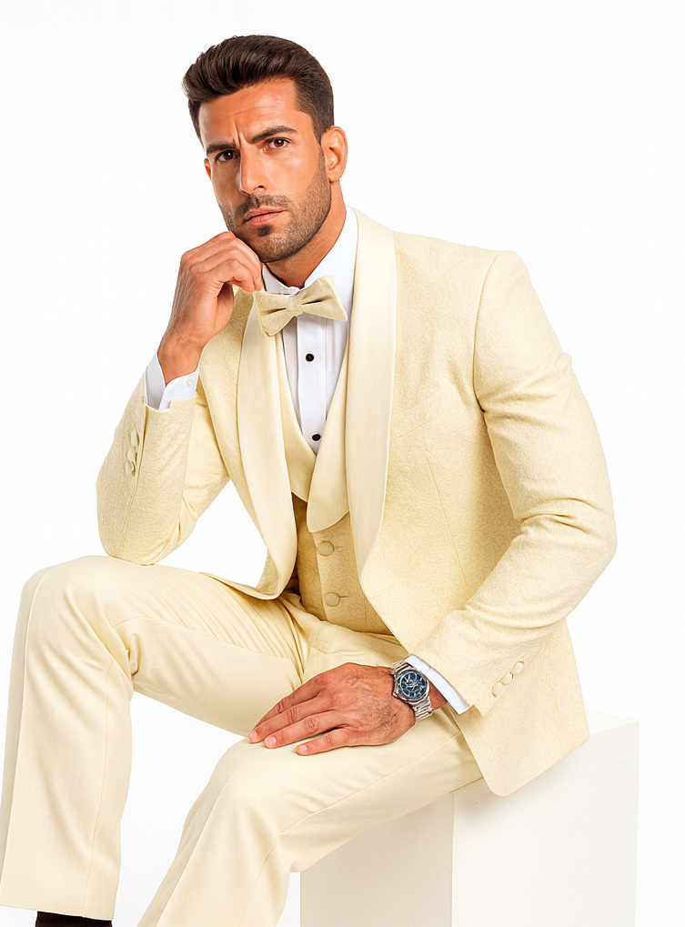 Ivory Floral Lace Groom Tuxedo Set – Men’s Designer Vested Wedding Suit