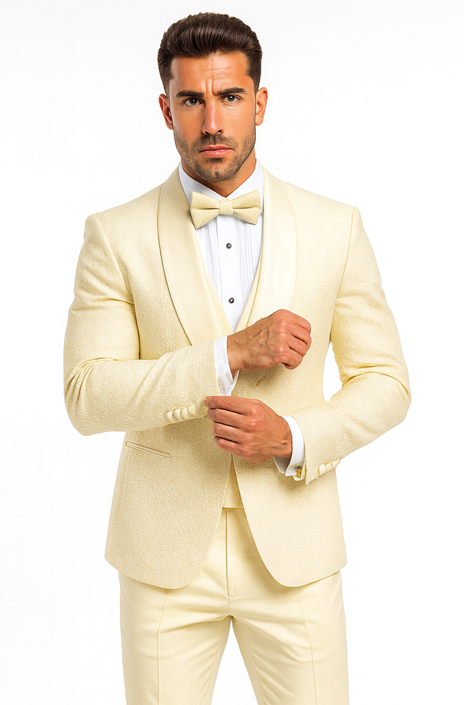 Ivory Floral Lace Groom Tuxedo Set – Men’s Designer Vested Wedding Suit