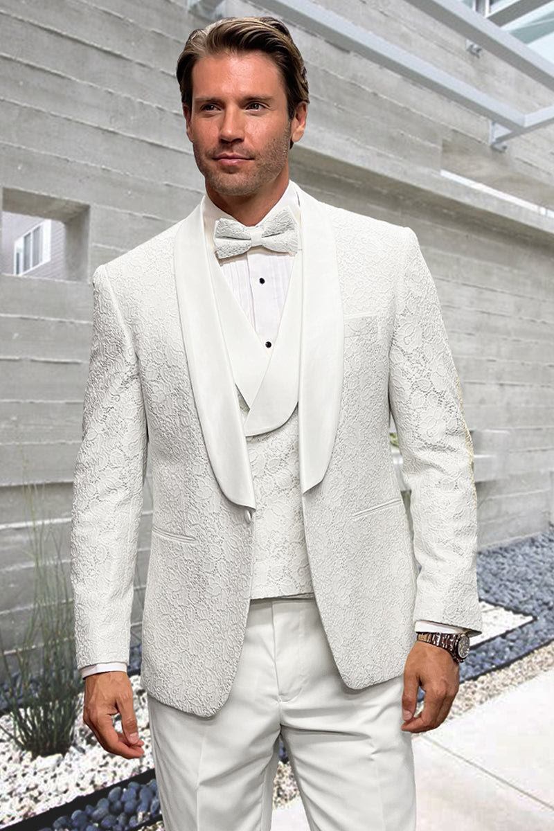 White Floral Lace Groom Tuxedo Set – Men’s Designer Vested Wedding Suit
