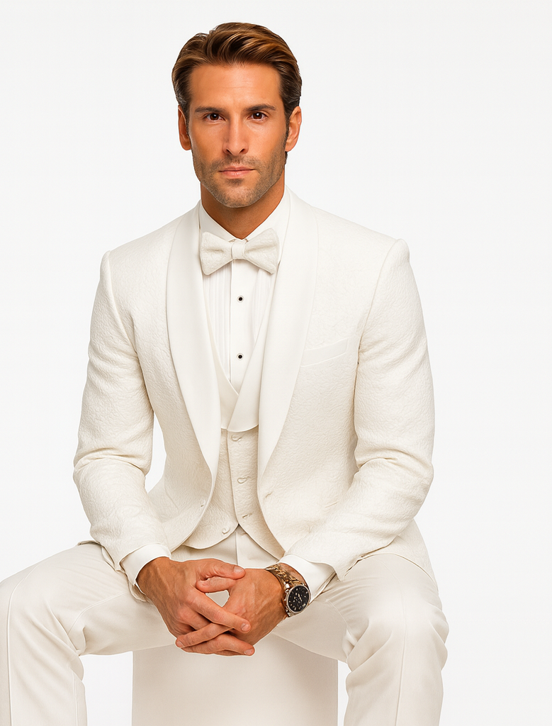 White Floral Lace Groom Tuxedo Set – Men’s Designer Vested Wedding Suit