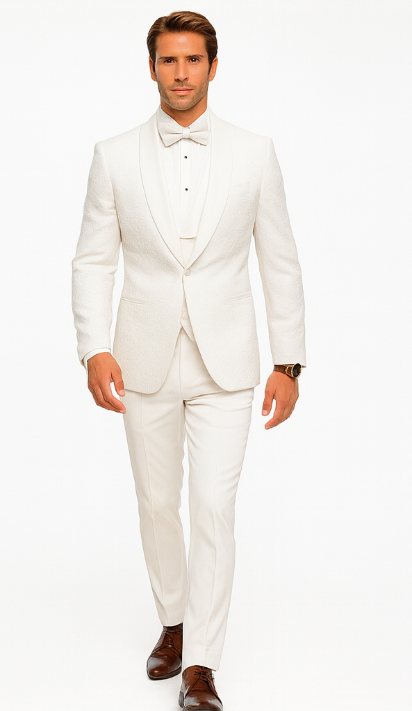 White Floral Lace Groom Tuxedo Set – Men’s Designer Vested Wedding Suit