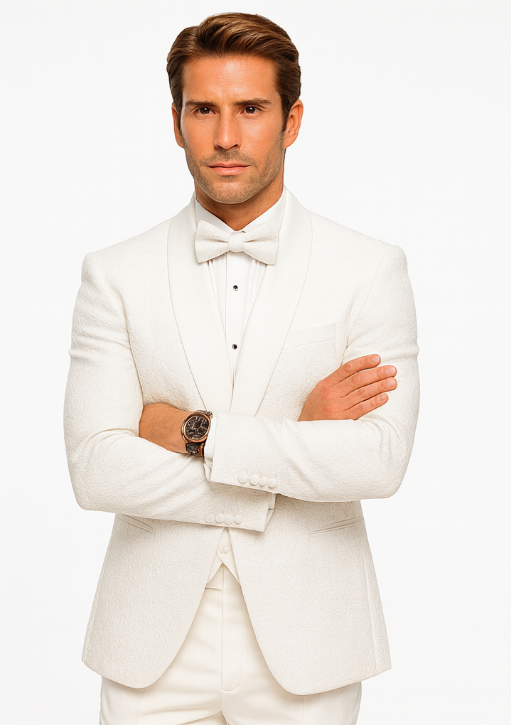 White Floral Lace Groom Tuxedo Set – Men’s Designer Vested Wedding Suit