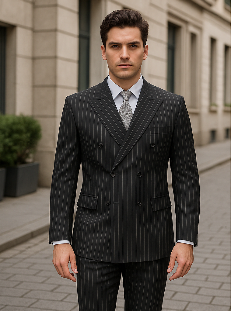 Double Breasted Gangster Pinstripe Suit in Black