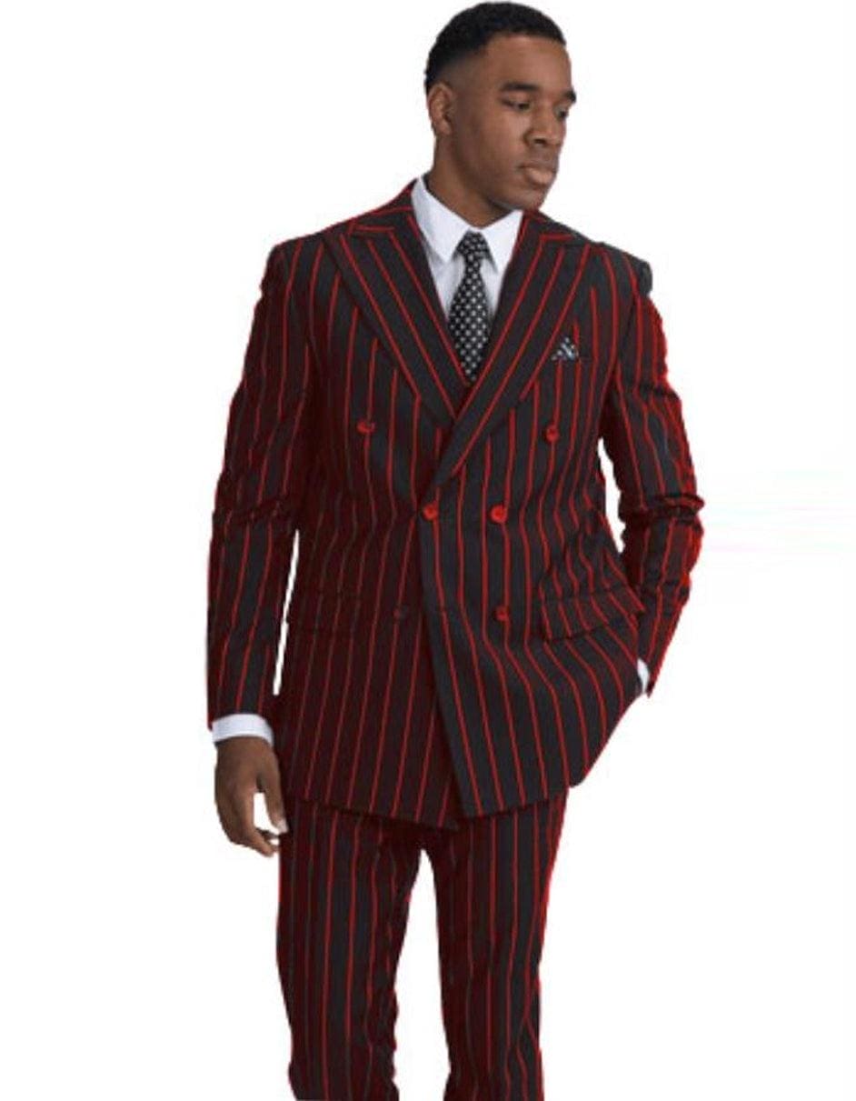 Double Breasted Pinstripe Gangster Suit, Black & Red