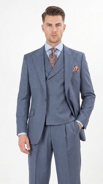 Mens Dusty Blue 3 Piece Suit 100% Wool Fabric β Classic Fit Wide Leg Pleated Pants Double Breasted Vest Formal Business Church Suit By Apollo King
