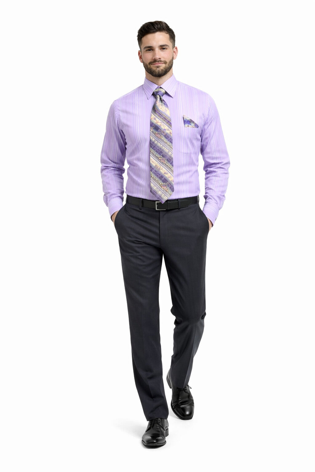 Tonal Stripe French Cuff Shirt Set - Lavender