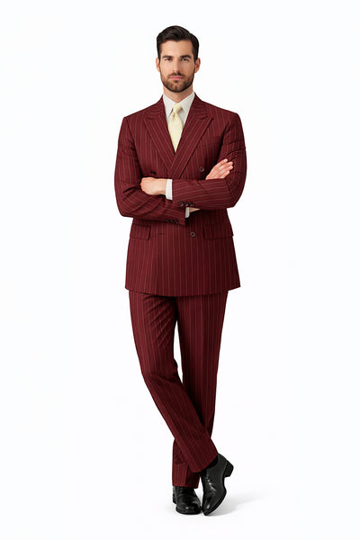 Elegant Wine Pinstripe Double Breasted Suit for Men – Fully Lined Classic Formal Style