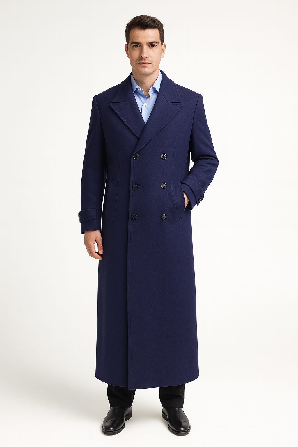Men's Full Length Overcoat Navy Blue Wool Gabardine Double Breasted Trench Coat