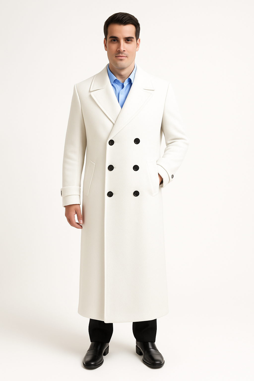 Men's Full Length Overcoat Navy Blue Wool Gabardine Double Breasted Trench Coat