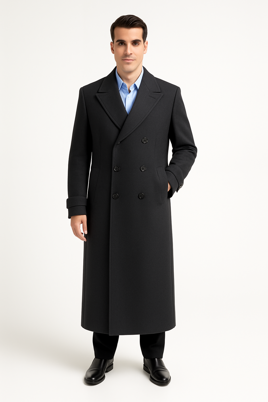 Men's Full Length Overcoat Navy Blue Wool Gabardine Double Breasted Trench Coat