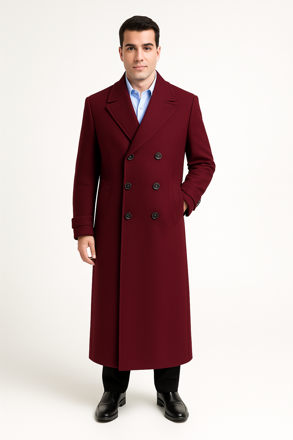Men's Full Length Overcoat Navy Blue Wool Gabardine Double Breasted Trench Coat