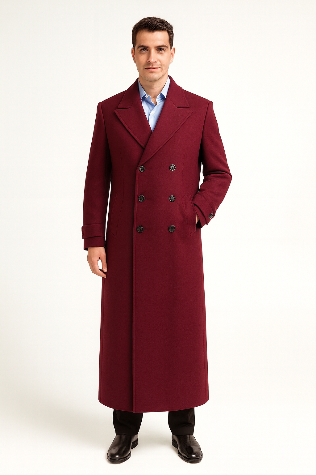 Men's Full Length Overcoat Navy Blue Wool Gabardine Double Breasted Trench Coat