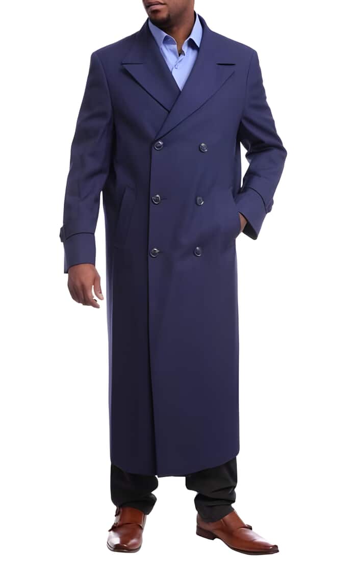 Navy Wool Double Breasted Full Length Overcoat