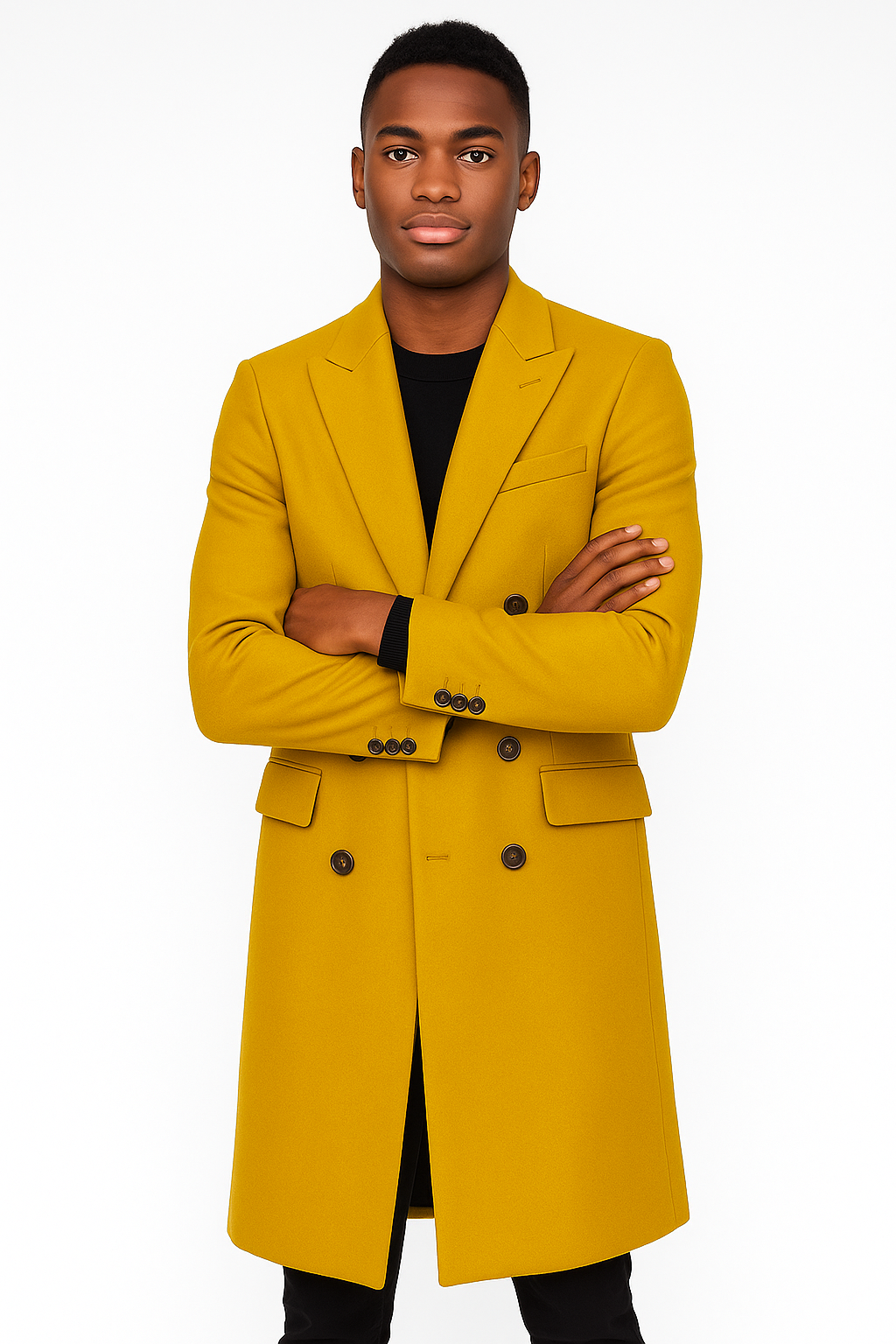Gold Double Breasted 44-Inch Wool Overcoat