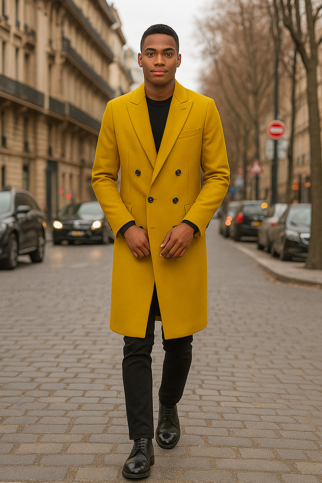 Gold Double Breasted 44-Inch Wool Overcoat
