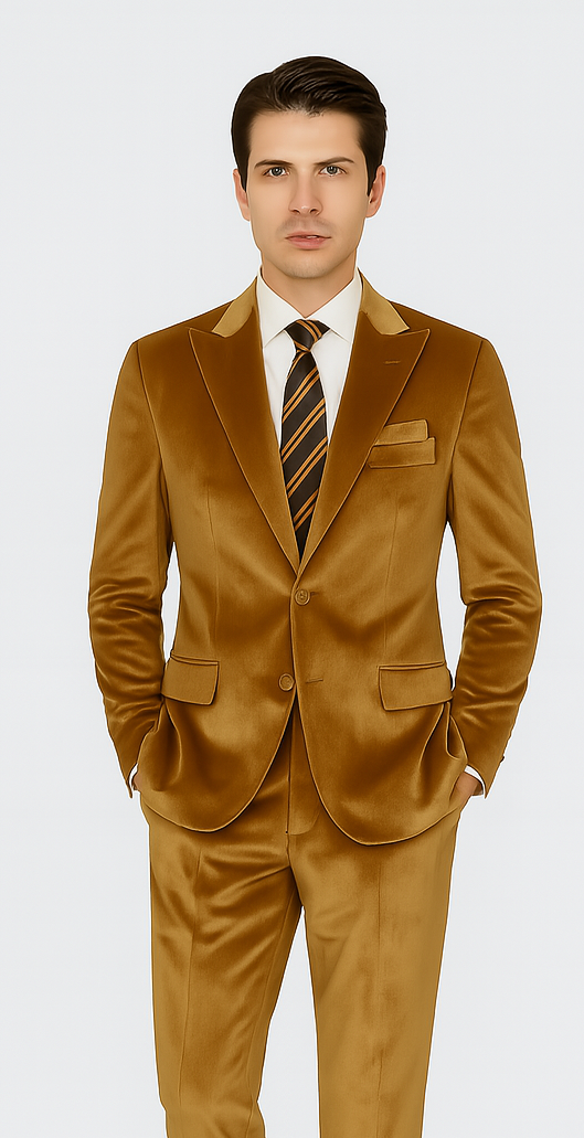 Gold Velvet Peak Lapel Skinny Suit by Tazzio