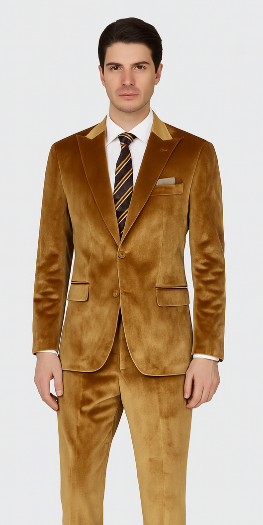 Gold Velvet Peak Lapel Skinny Suit by Tazzio