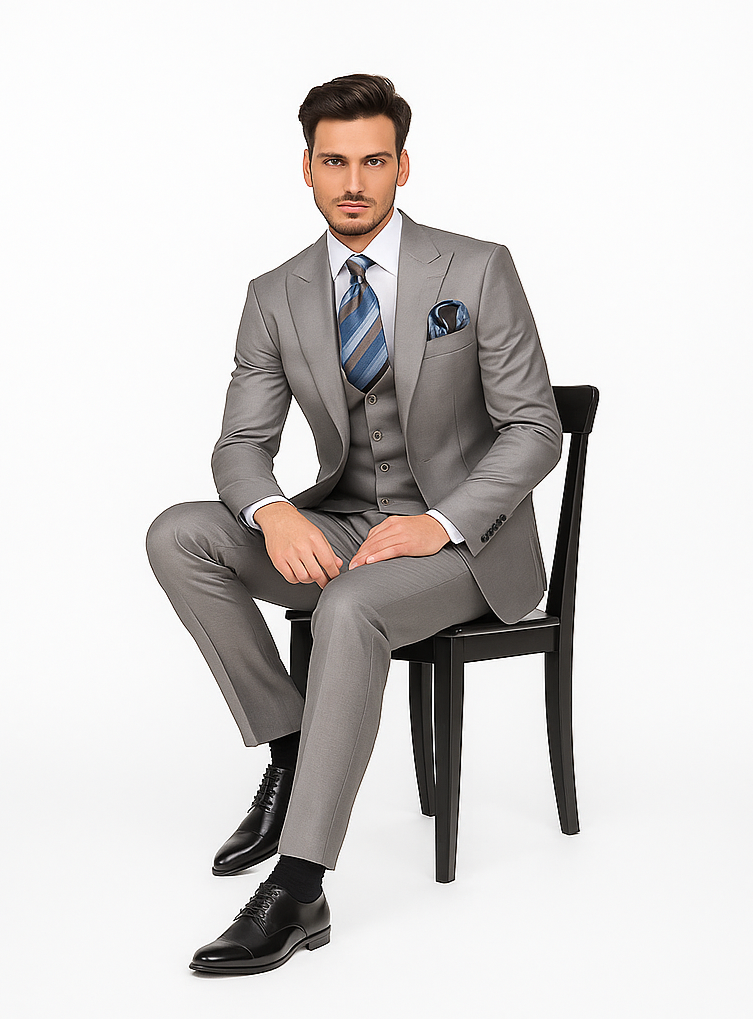 Men’s Gray Slim Fit 3-Piece Suit by Rossiman - With Vest & Tailored Trousers – Italian-Inspired Modern Elegance