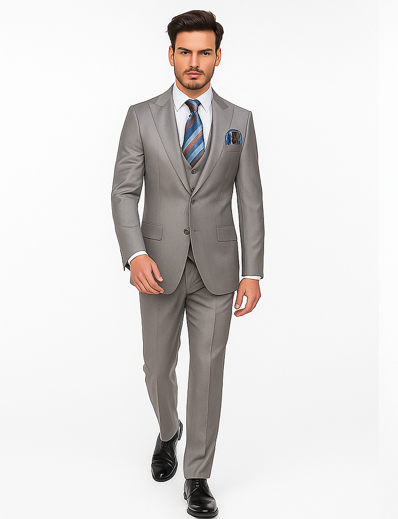 Men’s Gray Slim Fit 3-Piece Suit by Rossiman - With Vest & Tailored Trousers – Italian-Inspired Modern Elegance