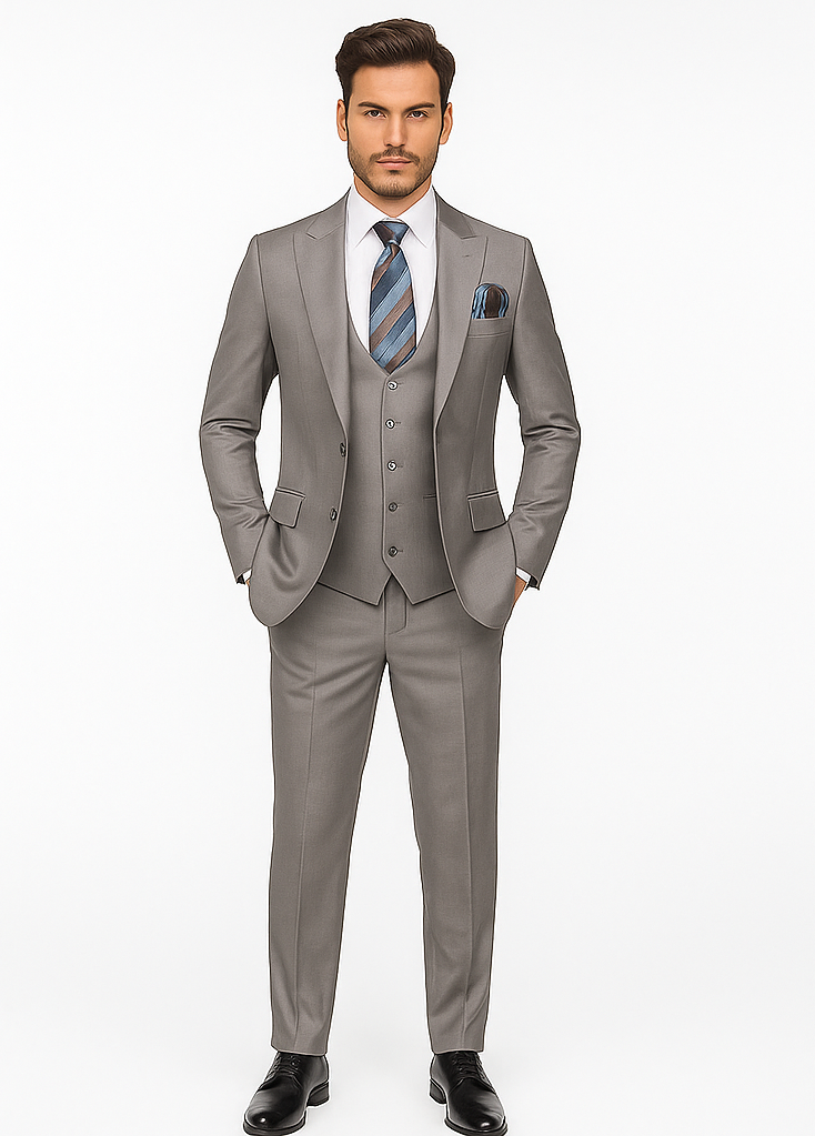 Men’s Gray Slim Fit 3-Piece Suit by Rossiman - With Vest & Tailored Trousers – Italian-Inspired Modern Elegance