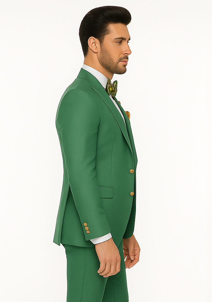 Men’s Green Slim Fit Suit by Rossiman | Stylish Double-Breasted Vest & Flat Front Pants – Italian Tailored 3-Piece Luxury Suit