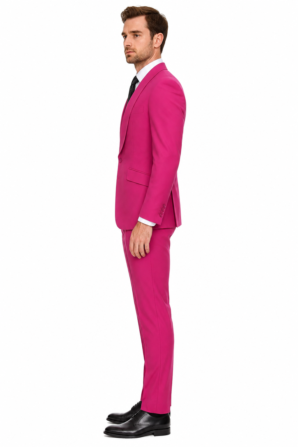 Mens Hot Pink Tuxedo Dinner Jacket + Pants with Shawl Lapel – Slim Fit 2-Piece Suit for Weddings, Proms Suit in Fuchsia Color