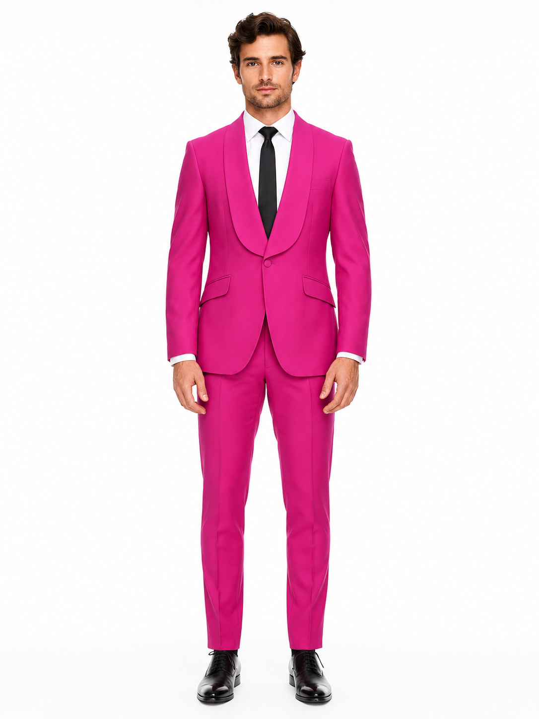 Mens Hot Pink Tuxedo Dinner Jacket + Pants with Shawl Lapel – Slim Fit 2-Piece Suit for Weddings, Proms Suit in Fuchsia Color