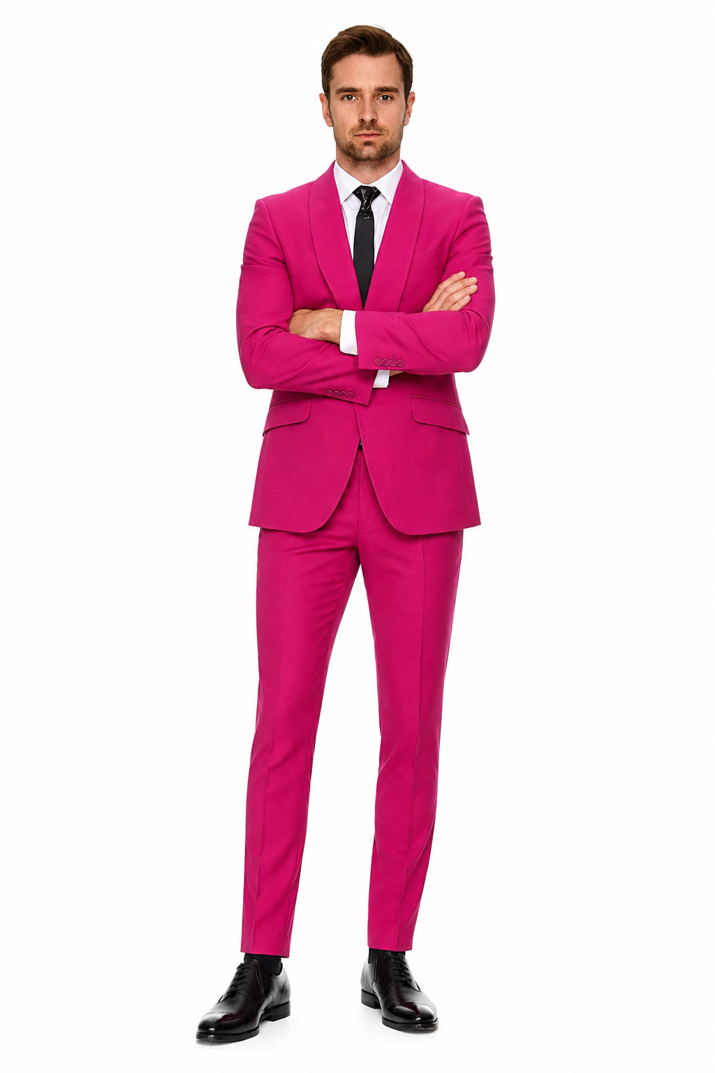 Mens Hot Pink Tuxedo Dinner Jacket + Pants with Shawl Lapel – Slim Fit 2-Piece Suit for Weddings, Proms Suit in Fuchsia Colors