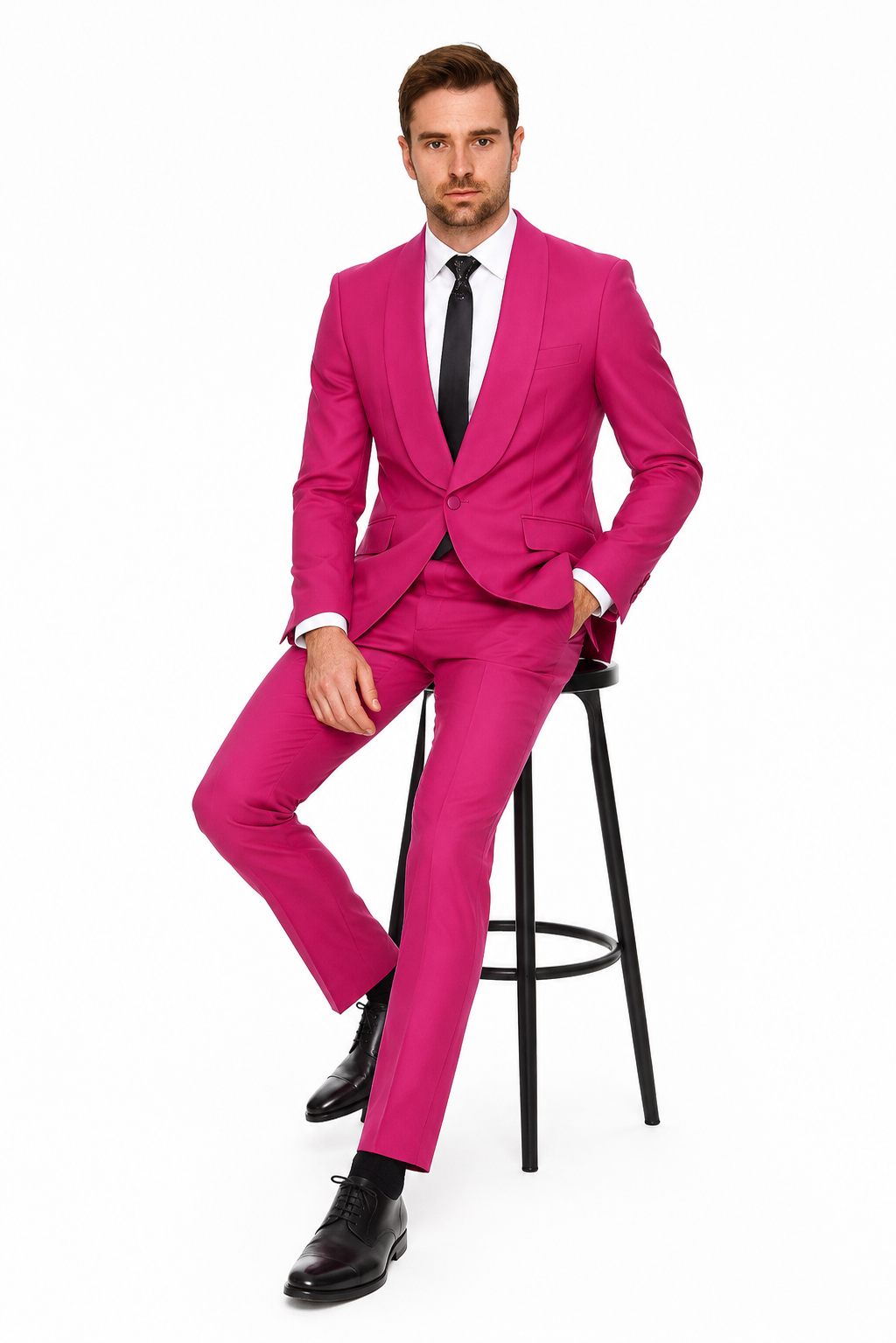 Mens Hot Pink Tuxedo Dinner Jacket + Pants with Shawl Lapel – Slim Fit 2-Piece Suit for Weddings, Proms Suit in Fuchsia Colors