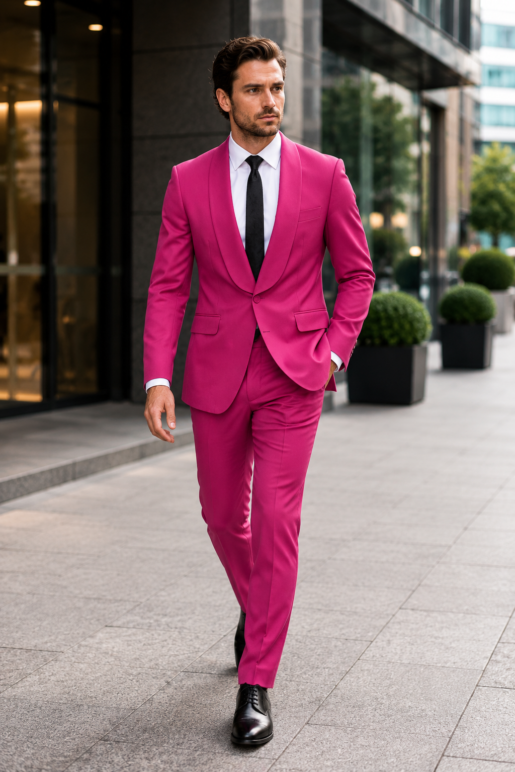 Mens Hot Pink Tuxedo Dinner Jacket + Pants with Shawl Lapel – Slim Fit 2-Piece Suit for Weddings, Proms Suit in Fuchsia Color