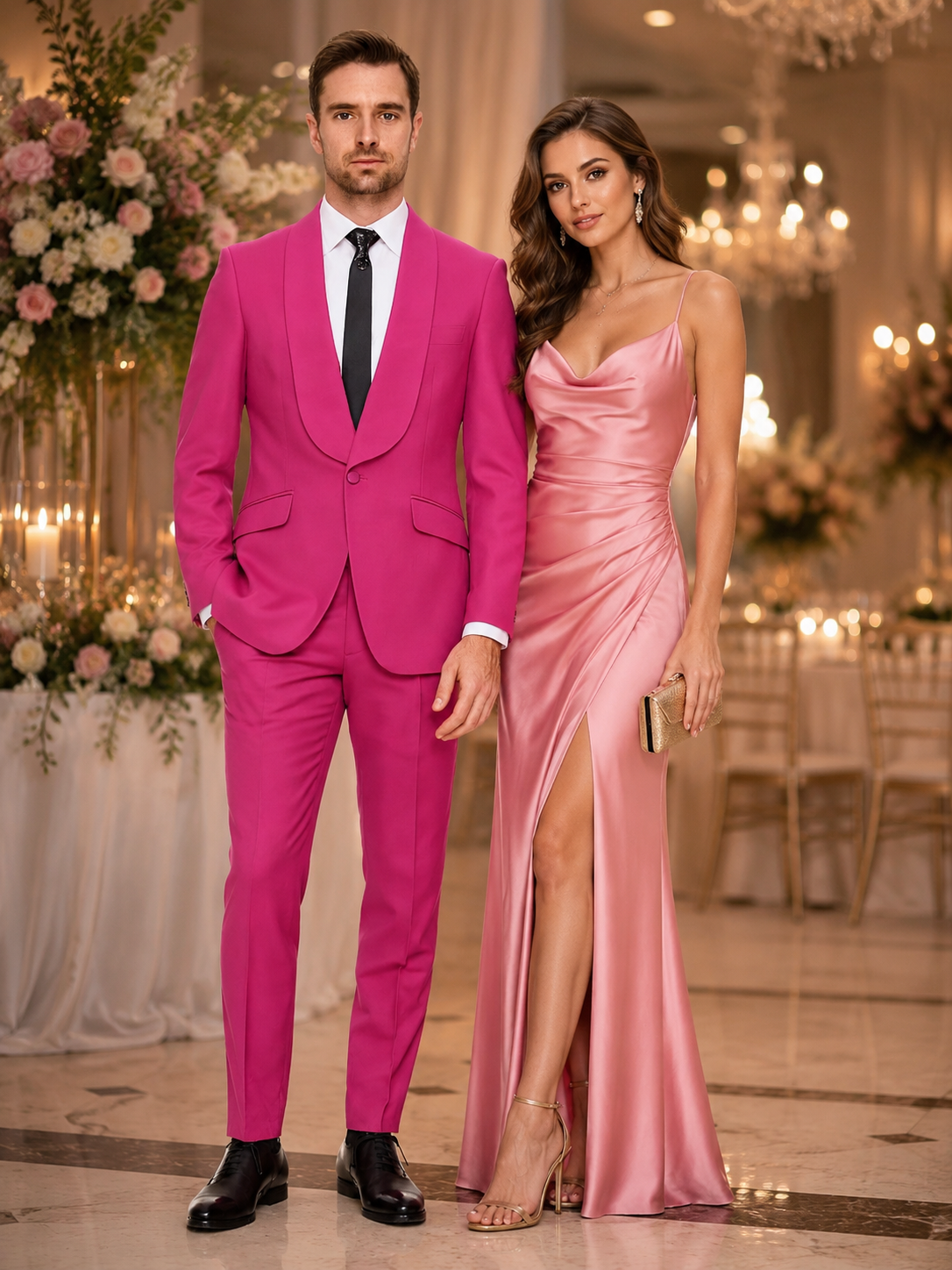 Mens Hot Pink Tuxedo Dinner Jacket + Pants with Shawl Lapel – Slim Fit 2-Piece Suit for Weddings, Proms Suit in Fuchsia Colors
