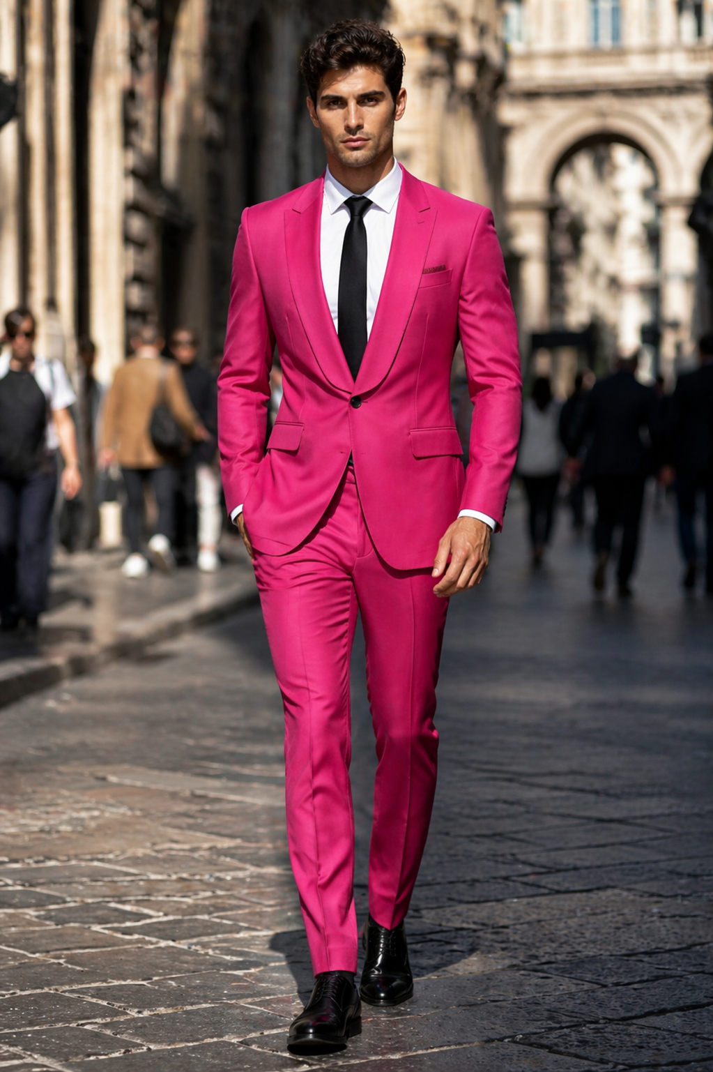 Mens Hot Pink Tuxedo Dinner Jacket + Pants with Shawl Lapel – Slim Fit 2-Piece Suit for Weddings, Proms Suit in Fuchsia Colors