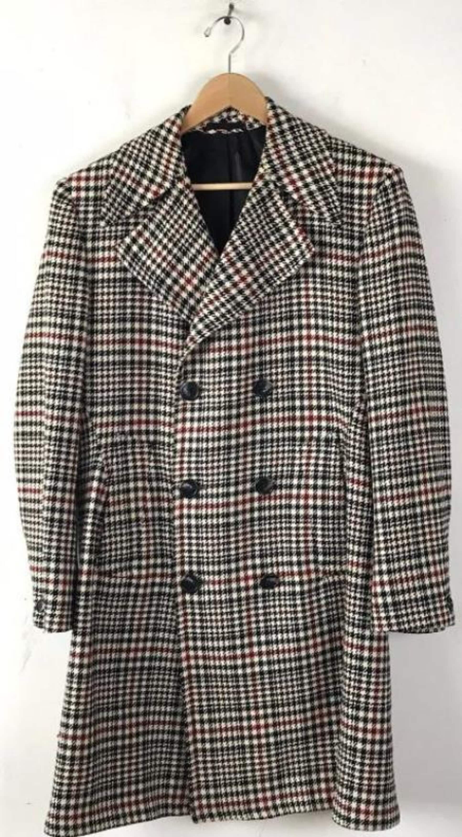 Six Button Houndstooth Wool Overcoat for Men