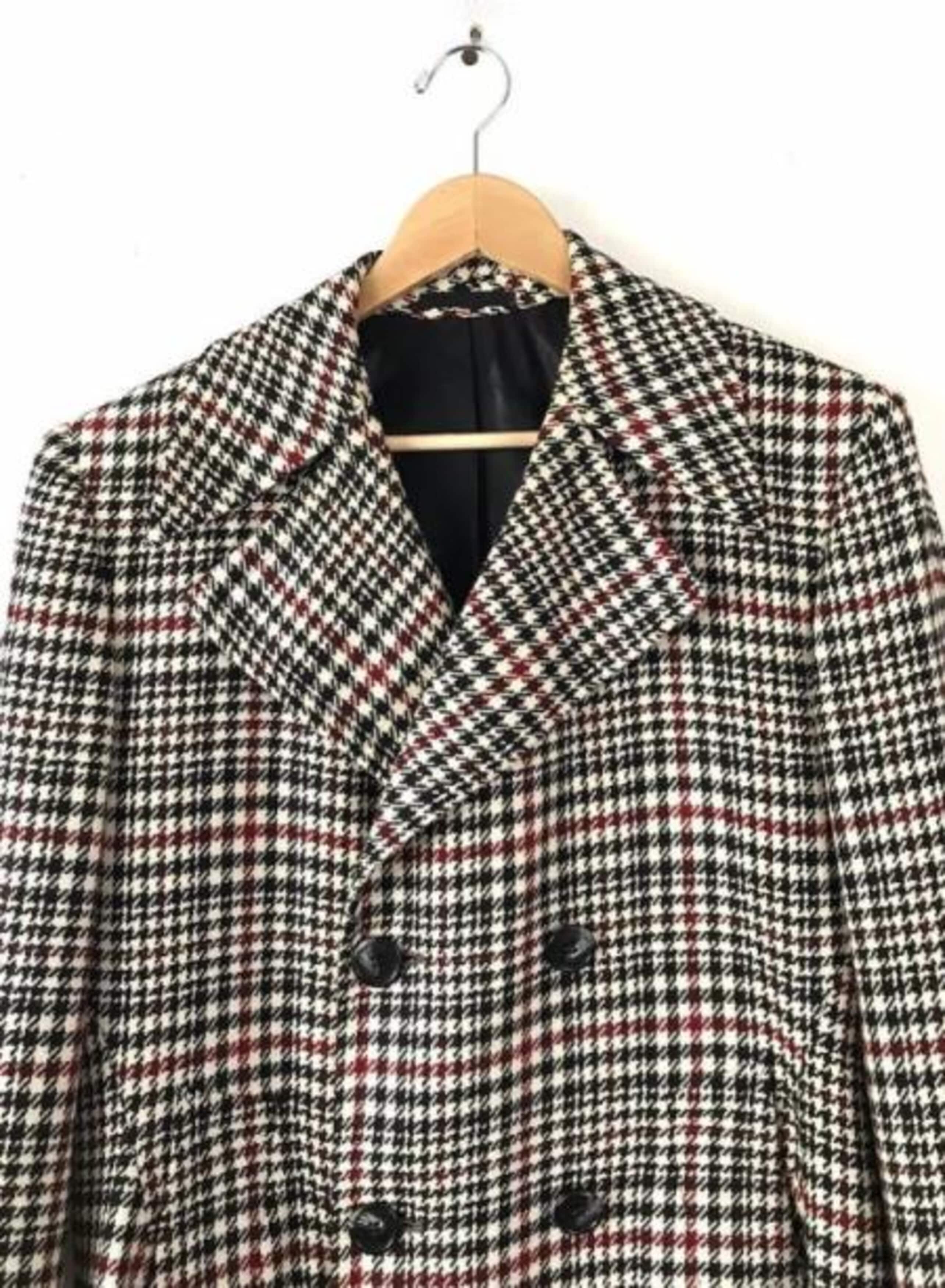 Six Button Houndstooth Wool Overcoat for Men