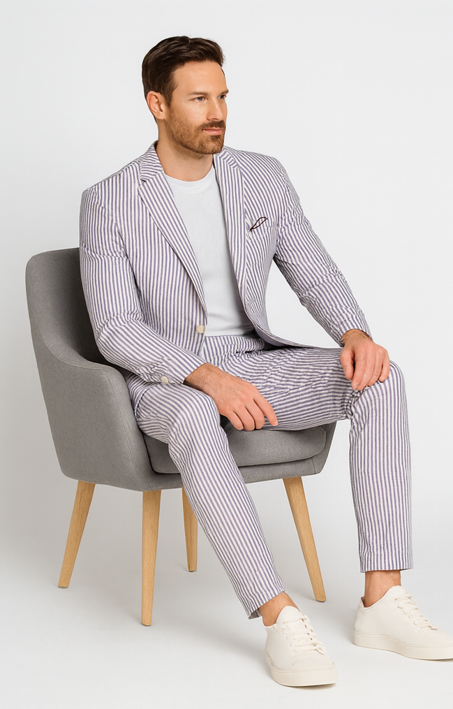 Mens Lavender Seersucker Suit Blazer + Pants Cotton Fabric - Summer Fabric
