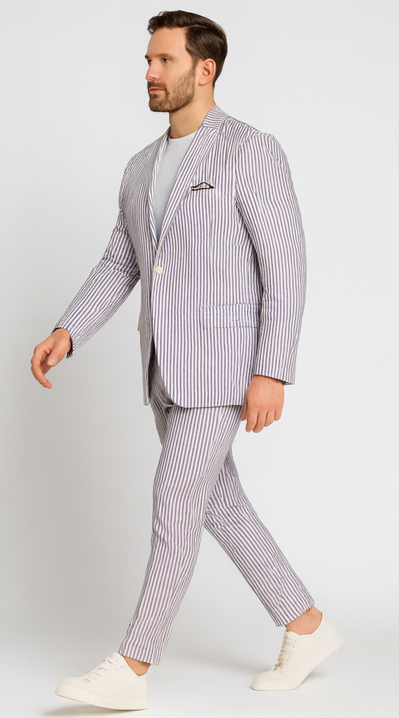 Mens Lavender Seersucker Suit Blazer + Pants Cotton Fabric - Summer Fabric