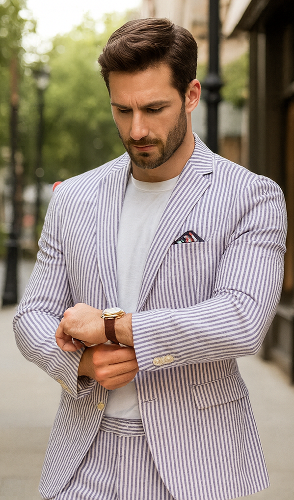 Mens Lavender Seersucker Suit Blazer + Pants Cotton Fabric - Summer Fabric