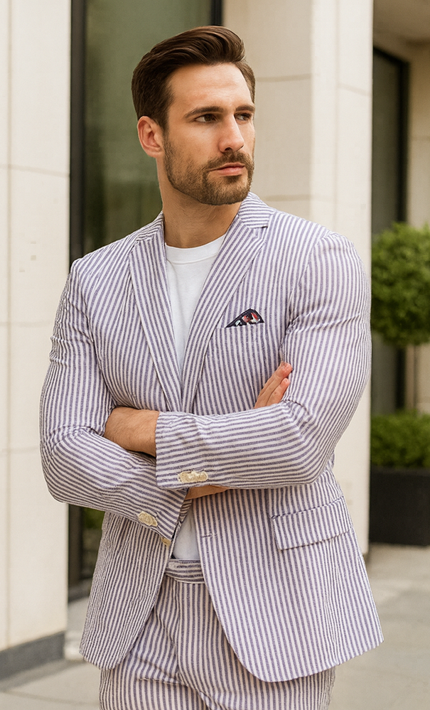 Mens Lavender Seersucker Suit Blazer + Pants Cotton Fabric - Summer Fabric