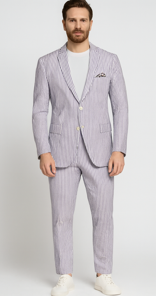 Mens Lavender Seersucker Suit Blazer + Pants Cotton Fabric - Summer Fabric