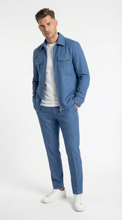 Mens Light Blue Walking Suit Set β Safair Military Casual Jacket and Pants Outfit for Travel, Vacation, Streetwear